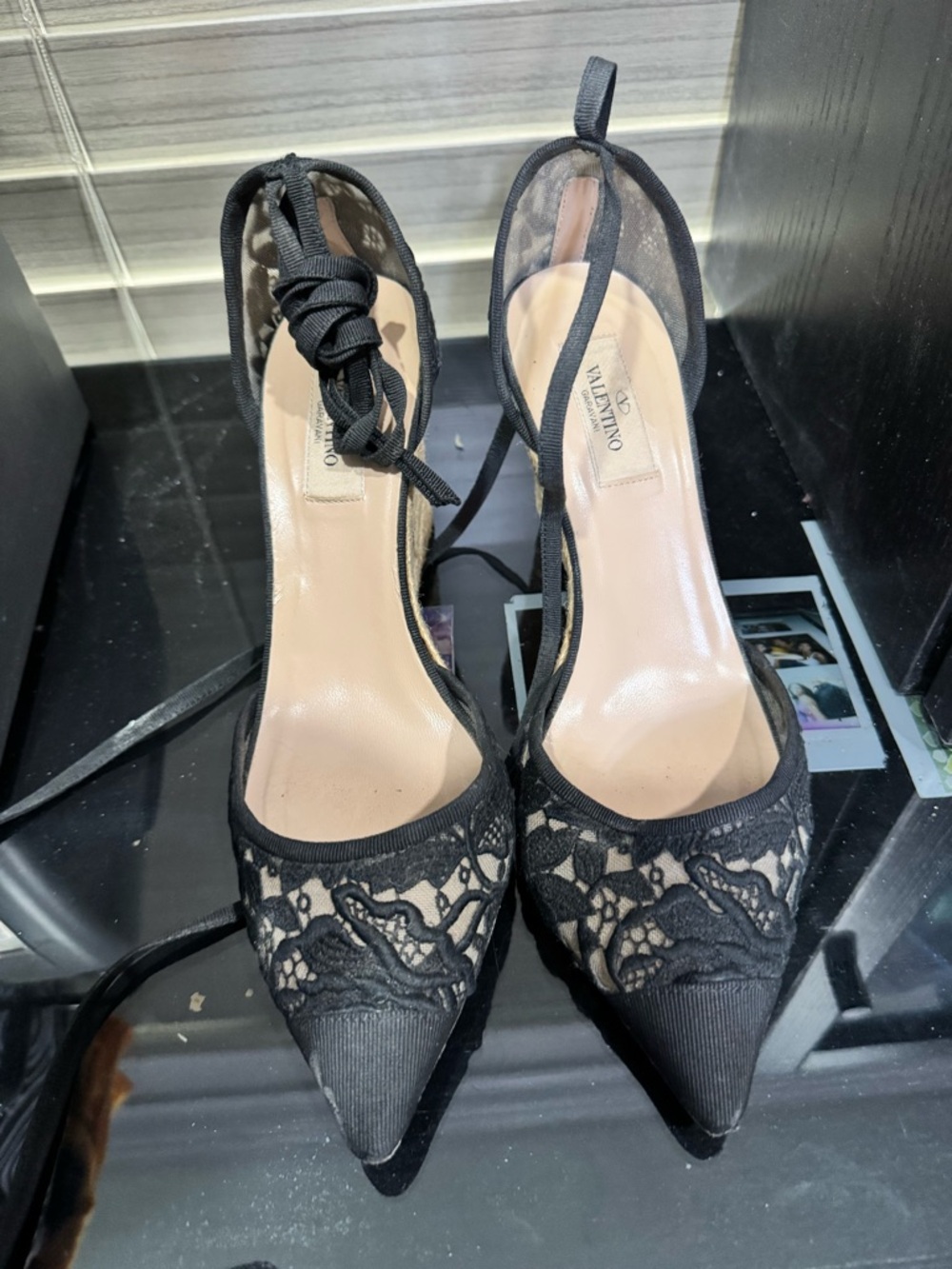 Valentino Black Lace Pointed-Toe Ankle Tie Heels